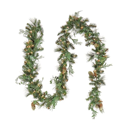 First Traditions&#x2122; Collection 9ft. Pre-Lit Artificial North Conway Garland with Glittery Cones &#x26; Eucalyptus, 100 Warm White LED Lights